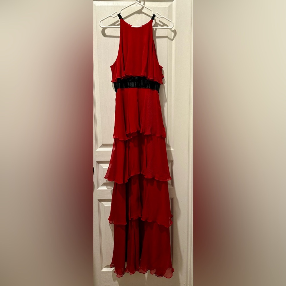 BCBGMaxAzria Texture Red Silk Tiered Maxi Dress + Black Pleated Waist CL1